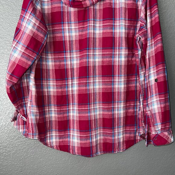 Boston Traders Plaid Hooded Button Shirt Men’s L | Maroon Flannel Casual - Picture 8 of 9